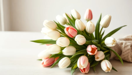 Bouquet of white and pink tulips. The flowers are arranged in a bunch and are sitting on a tableの素材