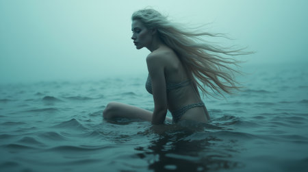 Woman in a bikini is sitting in the water. She has long blonde hair. The water is dark blueの素材
