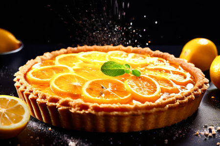 Lemon pie with a green leaf on top. There are also some oranges on the table. The pie is cut into slicesの素材