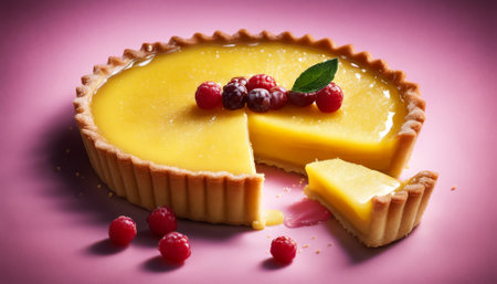 Yellow tart with raspberries and mint leaves on top. The tart is cut in half and has a piece missingの素材