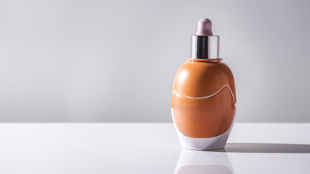 Bottle of cream is sitting on a table. The bottle is orange and has a silver capの素材