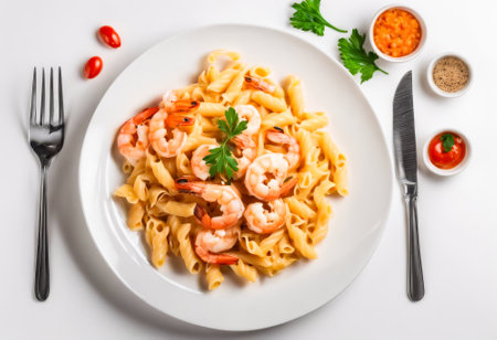 Plate of pasta with shrimp and parsley on top. A fork and knife are on the tableの素材