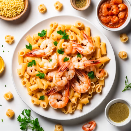 Plate of pasta with shrimp and parsley on top. There are also some bowls of sauce on the tableの素材
