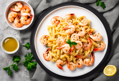 Plate of shrimp and pasta with a lemon wedge on the right side. There are also some shrimp in a bowl on the left sideの素材