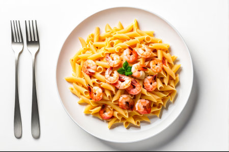 Plate of pasta with shrimp and green herbs is placed on a white table. The pasta is arranged in a circular pattern, with the shrimp scattered throughout the dishの素材
