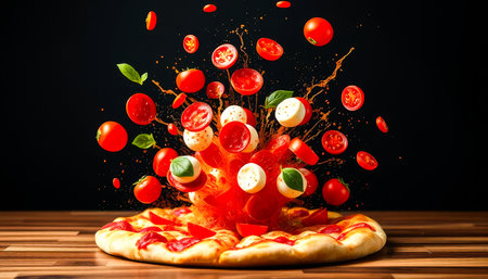 Pizza with lots of toppings, including tomatoes, is exploding. The toppings are scattered all over the tableの素材