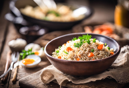 Bowl of rice with carrots and parsley. A fork and spoon are on the tableの素材