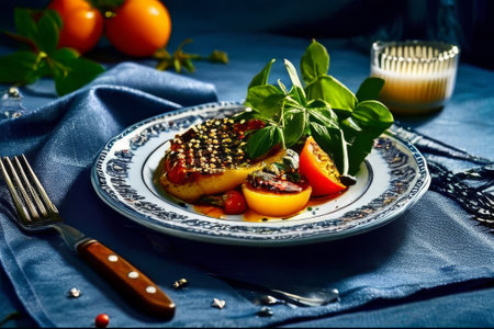 Plate of food with a tomato on it. The plate is on a blue tablecloth. There is a fork and knife on the tableの素材