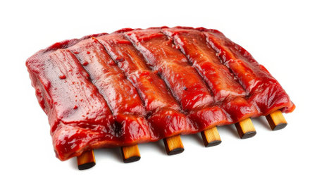 Rack of ribs with a sauce on top. The ribs are cut into six pieces. The sauce is redの素材