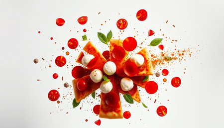 Pizza with lots of toppings including tomatoes, cheese, and basil. The pizza is cut into slices and scattered around the plateの素材