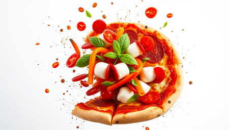 Slice of pizza with pepperoni, tomatoes, and basil. The pizza is cut in halfの素材