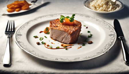 Plate of food with a piece of meat and a carrot on top. A fork and knife are on the tableの素材