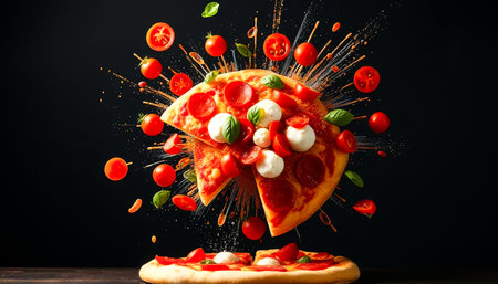 Slice of pepperoni pizza with cheese and tomatoes. The slice is missing. The pizza is on a tableの素材