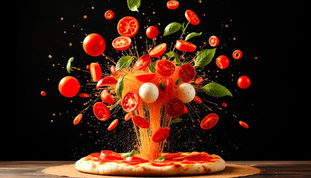 Pizza with lots of tomatoes and basil on top. The pizza is covered in cheese and has a lot of tomato sauceの素材