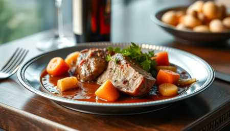 Plate of meat and vegetables with a glass of wine. The meat is cut into small pieces and the vegetables are choppedの素材
