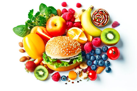 Sandwich with lettuce and tomato is on top of a plate with a variety of fruits and vegetablesの素材