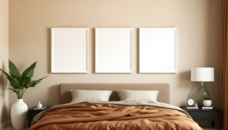 Bedroom with a white bed and three white picture frames on the wall. A potted plant is on the left side of the bedの素材