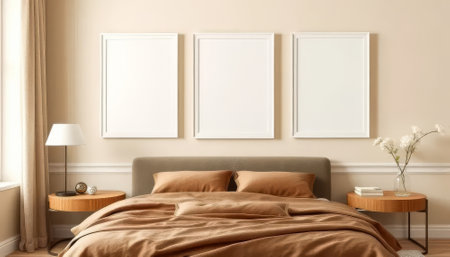 Bedroom with a bed, a lamp, and three white picture frames. The frames are emptyの素材