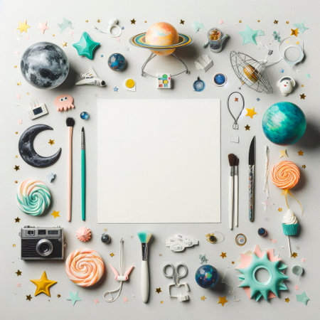 White piece of paper with a lot of objects on it. There are many different objects, including a camera, scissors, and a cakeの素材