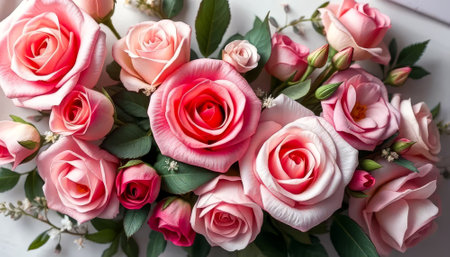 Bouquet of pink roses. The roses are arranged in a vase. The vase is on a tableの素材