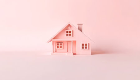 Pink house with a white roof and windows. It is on a pink backgroundの素材