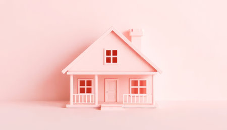 Pink house with a white roof. The house is small and has a porch. The front door is white and has a window above itの素材