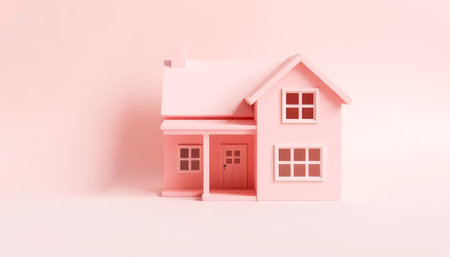 Pink house with a white roof. The house is small and has a white doorの素材
