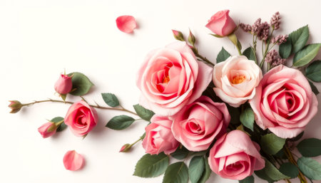 Bouquet of pink roses with green leaves. The roses are arranged in a row and are surrounded by green leavesの素材