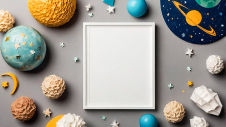 White frame with a black border sits on a gray background. The frame is empty. There are many different colored balls and other objects scattered around the frameの素材