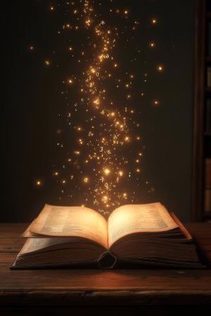 Book is open on a table and the pages are glowing with light. The light is coming from a source behind the bookの素材