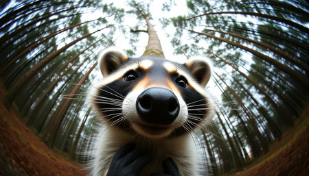 Raccoon is looking at the camera. It has a black nose and a white stripe on its faceの素材