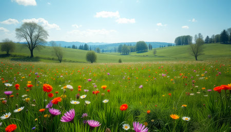 Field of flowers with a tree in the background. The flowers are pink, purple, and orangeの素材