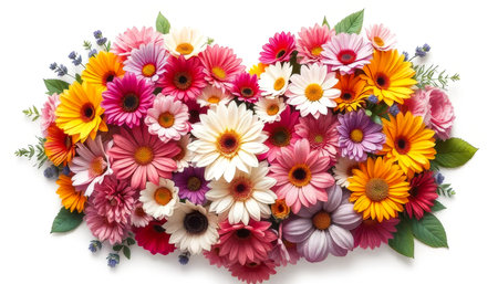 Bouquet of flowers is arranged in a heart shape. The flowers are of various colors and sizes, including pink, yellow, and whiteの素材