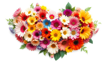 Bouquet of flowers with a heart shape. The flowers are of various colors and sizes. The bouquet is placed on a white backgroundの素材