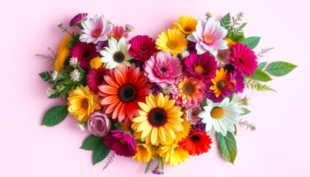 Heart made of flowers. The flowers are in different colors and sizes. The heart is on a pink backgroundの素材