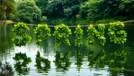 Green word is hanging from a rope over a body of water. The word is spring and it is made up of leavesの素材