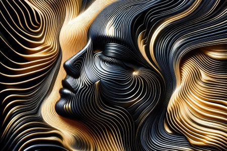 Woman's face is shown in a gold and black color scheme. The face is surrounded by a series of linesの素材