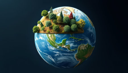 Small planet with trees on it. The trees are on the side of the planet and are surrounded by waterの素材