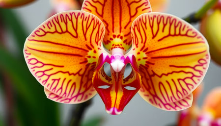 Close up of a flower with a red and yellow center. The flower is surrounded by green leavesの素材