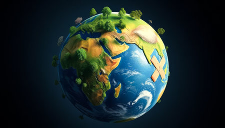 Small planet with trees and a cross on it. The planet is surrounded by a blue skyの素材