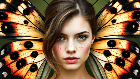 Woman with a butterfly wing on her head. The wing is orange and black. The woman has red makeup on her faceの素材