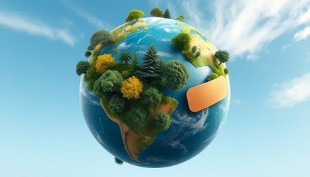 Globe with a patch of land on it with a bandage on it. The patch of land is surrounded by trees and the bandage is orangeの素材