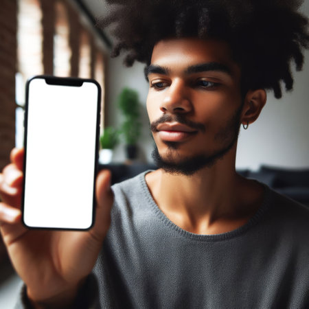 Man holding a phone with a white screen. The man is wearing a gray shirt and has a beardの素材