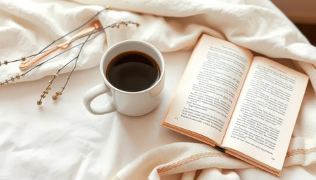 Cup of coffee and a book are on a bed. The book is open to a page with a flower on it. Scene is calm and relaxingの素材