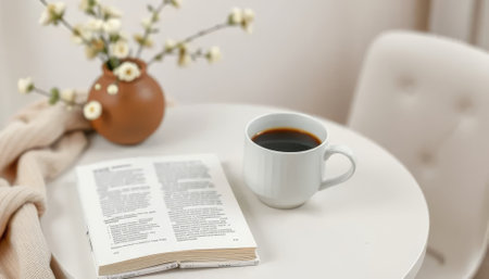White mug of coffee sits on a table next to a book. The mug is filled with dark coffee and the book is open to a page. The scene is peaceful and relaxing, with the coffeeの素材