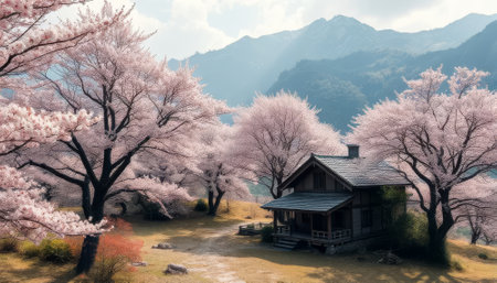 Small house is surrounded by cherry trees and a grassy field. The house is located on a hill, with a view of the mountains in the distance. The scene is peaceful and sereneの素材
