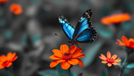 Blue butterfly is sitting on a red flower. The butterfly is surrounded by other flowers, creating a colorful and peaceful sceneの素材