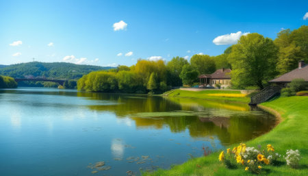Beautiful lake with a bridge in the background. The water is calm and the sky is clearの素材