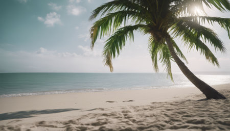 Palm tree is standing on a beach with the ocean in the background. The scene is peaceful and serene, with the palm tree providing a sense of calm and relaxationの素材