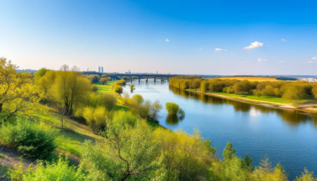 River with a bridge and trees in the background. The sky is blue and the sun is shiningの素材